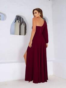 Long Sleeve One Shoulder Maxi Dress With Slit - 紅木色 - 查看 2