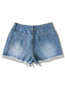 Women's Frayed Ripped Washed Straight Leg Denim Shorts - Medium Wash - View 6