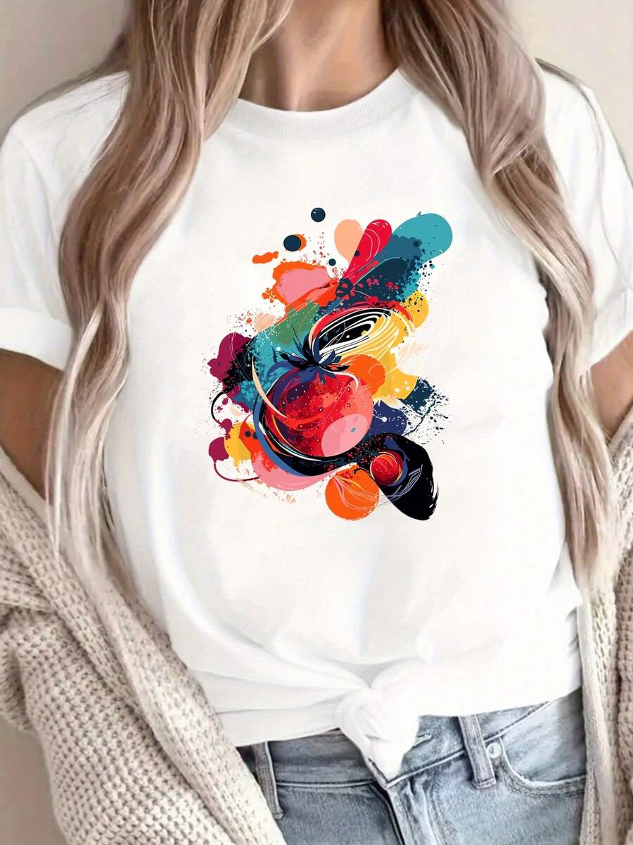 Camiseta blanca de mujer con estampado abstracto colorido ,220 g/m², nueva camiseta informal de verano de algodón con cuello redondo y manga corta (1 unidad) - Blanco - Ver 1