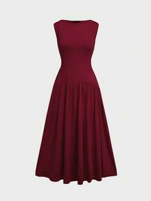 Floreya 夏季休闲优雅别致奢华高端修身连衣裙，红色无袖立领拼接中长连衣裙，腰带针织背心裙 - 酒紅色 - 查看 4