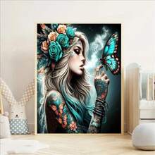 5D DIY Large Size Diamond Painting Kit For Beginners, Round Full Drill Canvas Art With Butterfly Girl Design, Perfect For Home Bedroom Entryway Study Bathroom Wall Decor, Festive Gift
