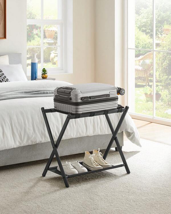 SONGMICS Luggage Rack For Guest Room, Suitcase Stand With Storage Shelf, Steel Frame, Foldable For Easy Storage, Hotel, Bedroom, Luggage Racks Back To School