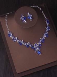 Premium Quality Women's Stylish Water Drop Pendant Necklace & Earrings Jewelry Set, Available In Purple, Navy Blue, Red, Suitable For Stage Performance, Formal Dress