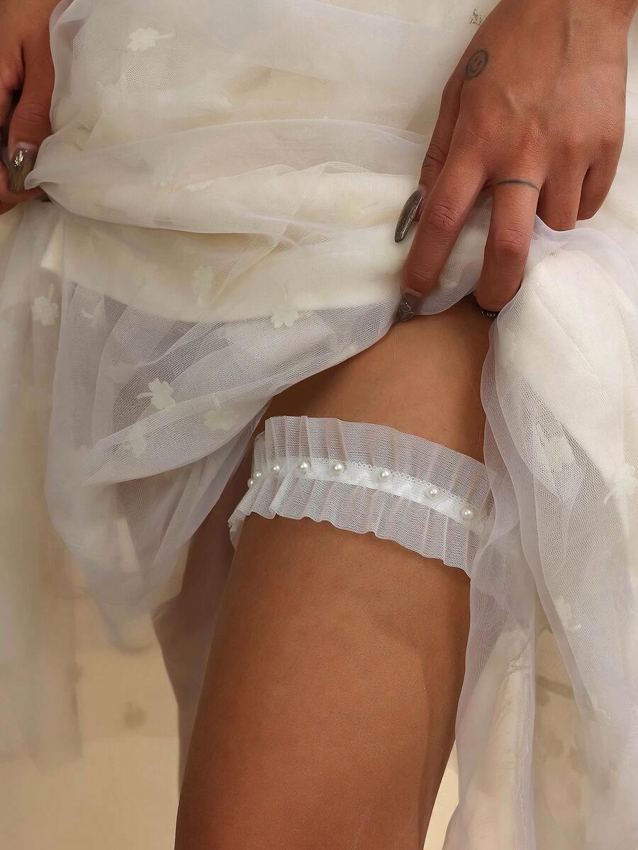 1pc White Lace Elastic Thigh Band, Fashion Simple Leg Decor For Bride - White - View 1