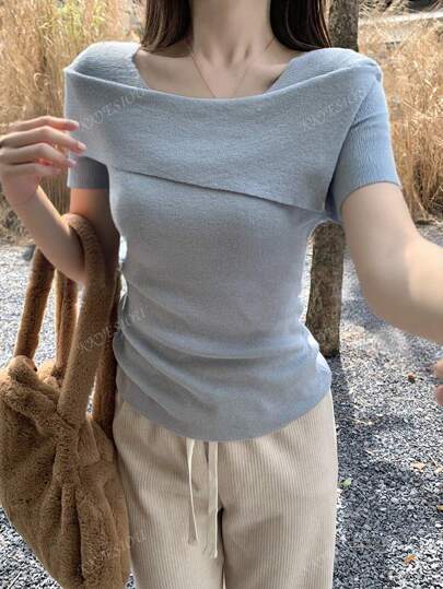 Elegant Off Shoulder Slim Fit Knitted Short Sleeve Top