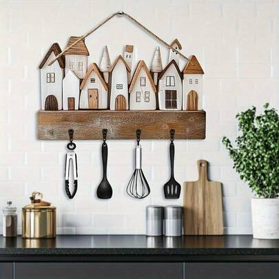 1pc Boho Style Miniature Wooden Townhouse Key Holder With 4 Metal Hooks - Easy To Install Wall Decor, Porch And Villa Decor, Versatile Seasonal Ornament, Villa Decoration | Rustic Vibe | Easy Installation, Boho Home Decor