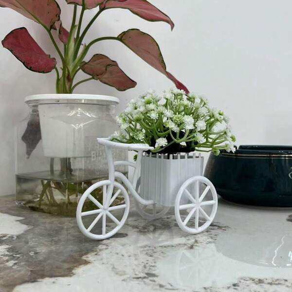 1pc Plastic Mini Bicycle Basket Ornament, Artificial Potted Plant Desktop Decor