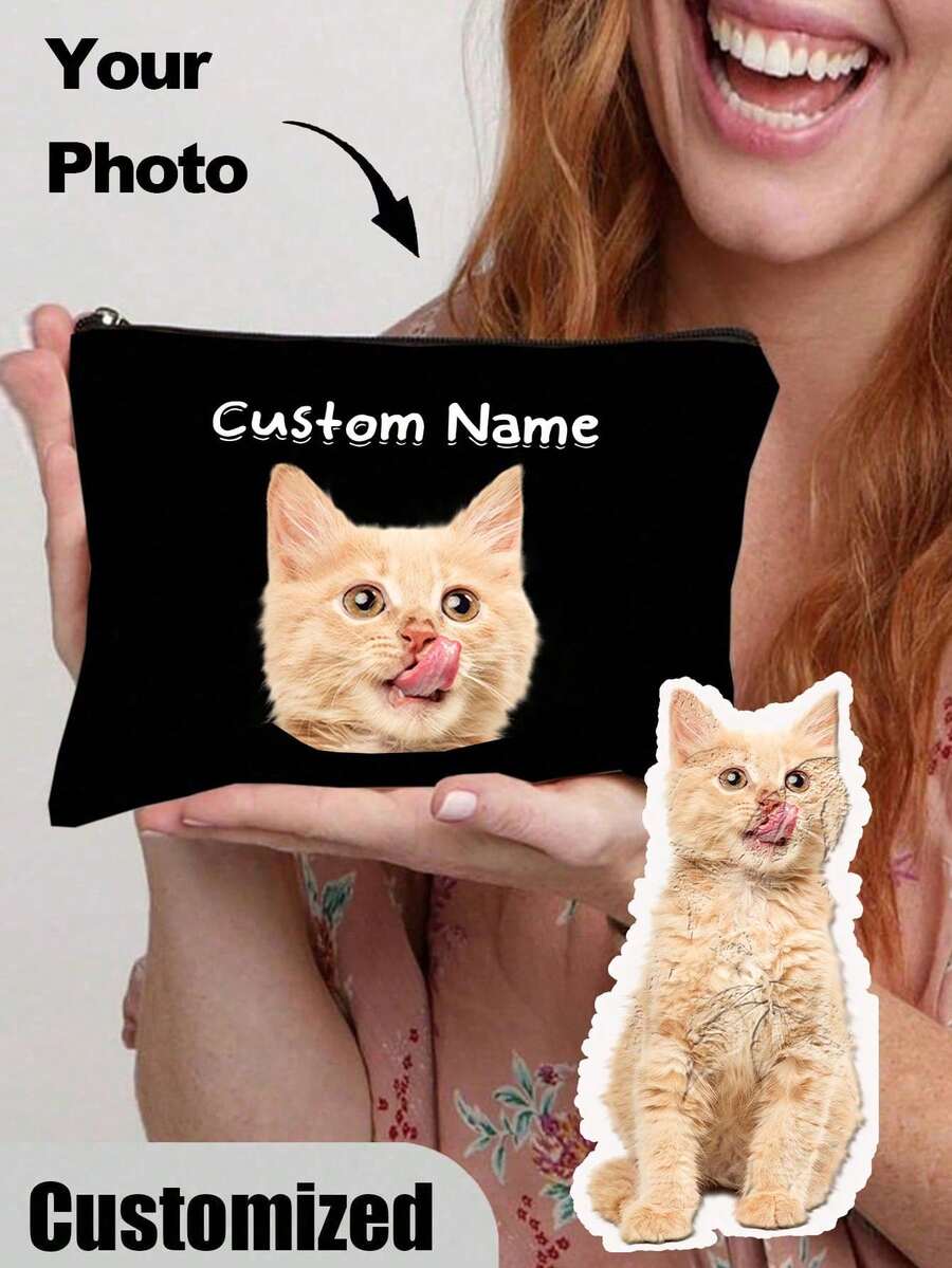 1pc Customized Cat Photo Makeup Bag, Small Pet Lover Travel Cosmetic Pouch, Zipper Pocket, Makeup Organizer, Mini Makeup Bag, Bag Accessories, Travel Makeup Bag - Multicolor - View 1