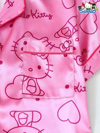  2pcs/Set Women's Spring/Summer Satin Sanrio Hello Kitty Print Lapel Short Sleeve Button Pocket Top And Bow Shorts Pajama Set, Suitable For Home Wear