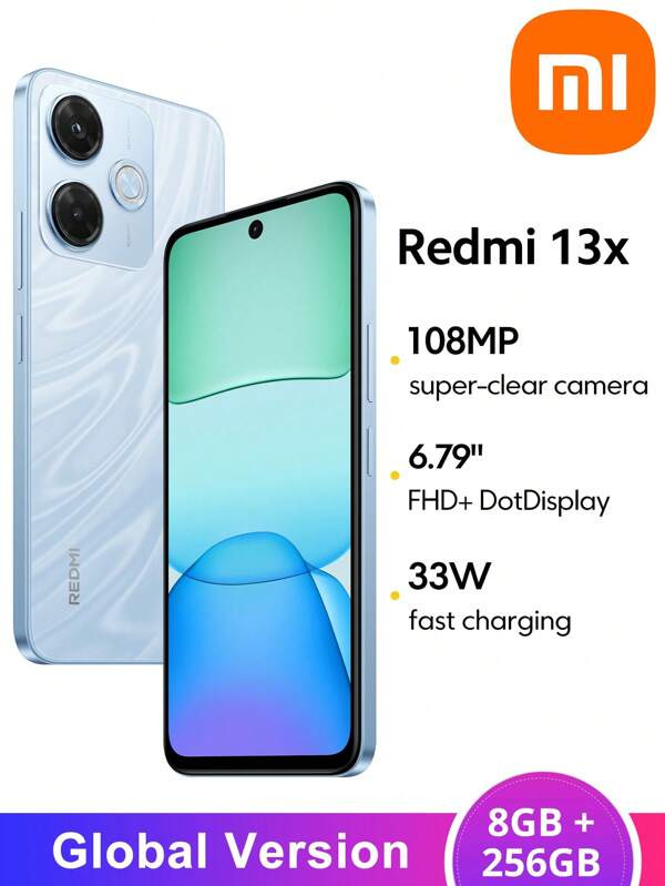 Xiaomi Smartphone Redmi 13x, versione globale, 8GB + 256GB, processore Helio G91-Ultra, display DotDisplay FHD+ da 6,79 pollici fino a 90Hz, fotocamera principale da 108MP ultra nitida, batteria da 5030 mAh (tipica) con ricarica rapida da 33W, jack per cuffie da 3,5 mm, sistema operativo Xiaomi HyperOS