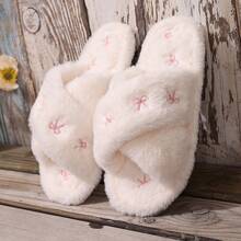 秋冬女士刺绣蝴蝶结家居拖鞋，四季皆宜的毛绒室内拖鞋，平底带女士拖鞋，家用地板拖鞋，蓬松拖鞋 - 交叉米色 - 查看 3