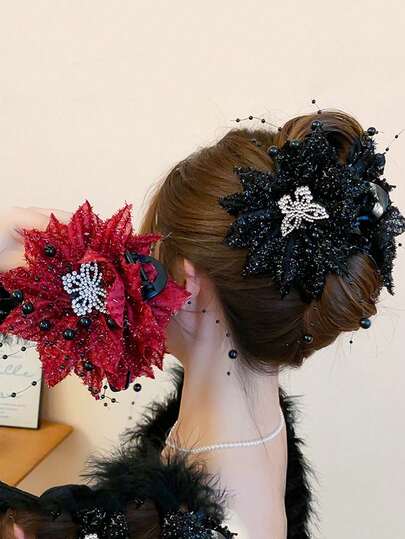 1个镶钻蝴蝶花朵玻璃珠发夹，时尚款式，后脑勺发爪，小众高端发饰发夹，发卡，发夹，发抓夹，发夹，抓发夹，秋冬女士度假夏季发饰