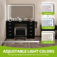 Dressing Table With LED Lights,Glass Top Bedroom Vanity Table With Large Mirror And Stool,Vanity Desk With 11 Drawers,White - Black - View 6