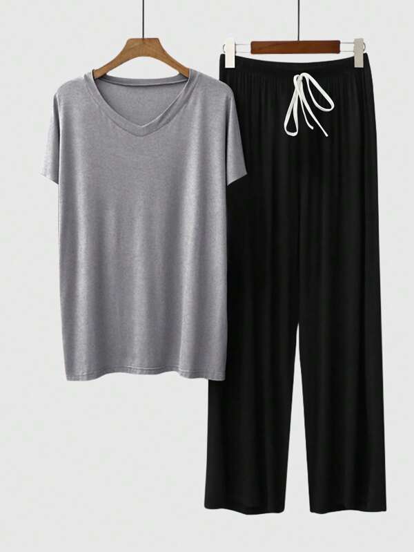 2 pièces/Set Ensemble de pyjamas légers d'été pour femme, hauts ample à manches courtes et pantalons longs, vêtements d'intérieur col V, ensemble de deux pièces