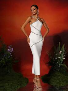 Elisanya Love Aing 女士水钻链吊带性感优雅夏季舞会礼服，浪漫派对礼服 - 白色 - 查看 8