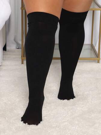 1 par silikonhalkfria lårhöga strumpor i plusstorlek, enkla enfärgade överkneesockor, bekväma lårhöga strumpor, mysiga