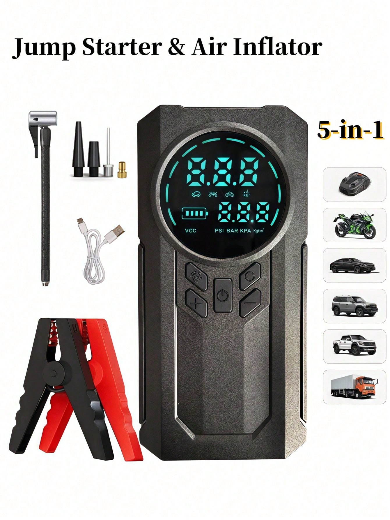 Portable car charger 8000 mAh, 5 in 1 tire inflator, engine starter with digital air compressor, LED screen, charge