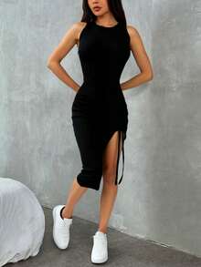 Vestido sexy, casual y elegante para mujer, sin mangas y cuello redondo, silueta semi ajustada, con abertura en la pierna con cordón ajustable para darle un toque más sexy, tela tipo canalé de poliéster y elastano, apto para temporadas de verano y primavera. Muy cómodo, ligero y agradable con tu piel, ideal para tus ocasiones especiales. - Negro - Ver 5