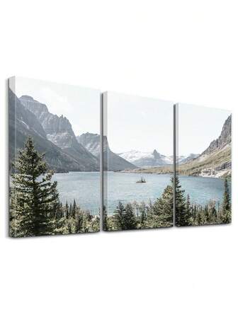 Set Of 3 Mountain Range Wall Art, Lake Wall Decor, Pine Canvas Prints, Sky Home Decor, Natural Artwork Wall Posters Wall Decorations, Scenery Room Decor Wall Hanging Poster For Living Room Bedroom Bathroom ,Wall Art With Frame