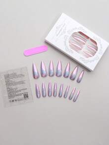 24 件新款长尖全息光泽指甲贴，简约时尚按压式指甲套装，适合时尚女性，包括 1 个指甲锉和 1 个果冻指甲胶美甲用品 - 粉色 - 查看 3