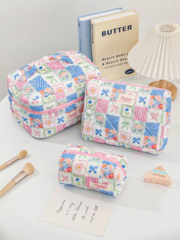 1 Piece Multi-Style Spliced Color Matching Cosmetic Bag With Bow Pattern, Girly Heart Design, Multifunctional Cosmetic Storage Bag,For Holiday Beach, Bathroom Collection, Bedroom Collection, Large Capacity