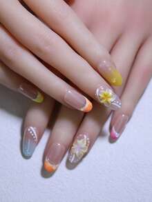 Colorful 3D Hand Carved Flowers Nail Decoration 100% Handmade Press On Nails French Style Manual Nails 10pcs Oval Short Fake Nail Tips Reusable DIY Nail Art Design Nail Products For Spring And Summer - Multicolor - View 4