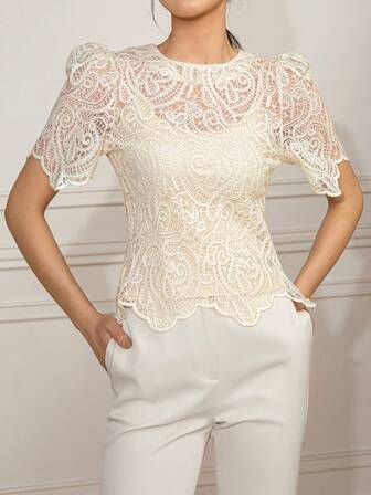 Amyenjoylife 女士优雅短袖蕾丝泡泡袖镂空衬衫T恤