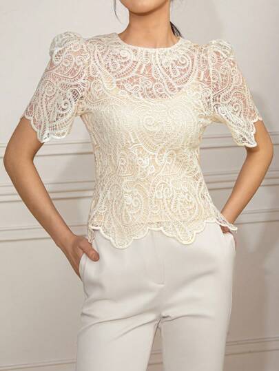 Amyenjoylife Women's Elegant Short Sleeve Lace Puff Sleeve Hollow Out Blouse T-Shirt