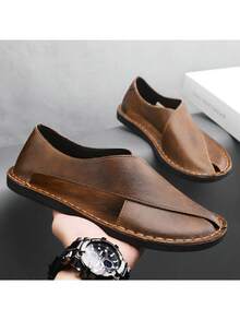 Men's Summer Outdoor Casual Leather Hollow Breathable Slip-On Sandals, Comfortable Beach Slippers