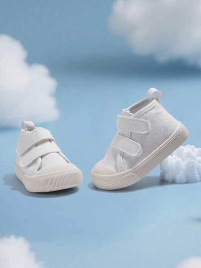 1 Pair Kids/Children's White Hook And Loop Flat Casual Fashion Sneakers, Versatile, Comfortable & Breathable, Suitable For Daily Wear, All Seasons