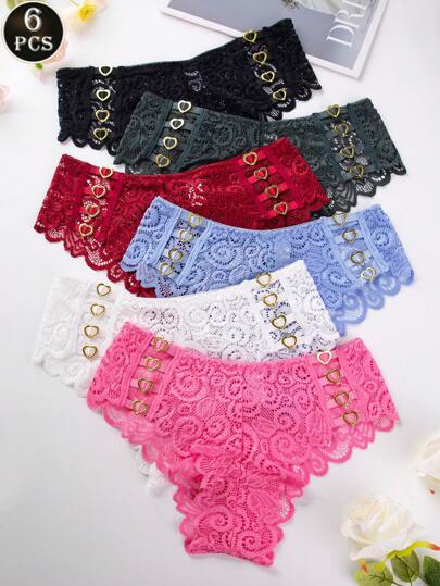 6pcs/Set Women Solid Color Soft Elastic Lace Trim Floral Jacquard Design Comfortable Daily & Occasion Wear Panties