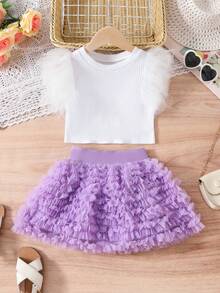 2pcs/Set Girls Mesh Splice Short Cap Sleeves T-Shirt + TUTU Mini Skirt - Purple - View 3