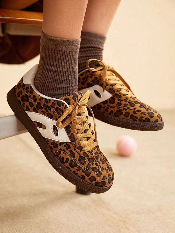 2025 Spring & Autumn New Fashion Leopard Print Sports Casual Shoes For Teenage Girls, Lace-Up Non-Slip Wear-Resistant Breathable Soft Sole Sneakers