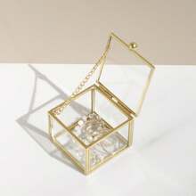 1pc Vintage Style Square Glass Jewelry Box With Golden Accents - Zipped Storage Case For Earrings, Rings, Bracelets And Necklaces. Retro Golden Transparent Glass Jewelry Box With Lid - Geometric Golden Jewelry Display And Storage Box, Home Decor Box, Suitable For Holding Accessories, Rings, Earrings, Girl/Woman Birthday Gift,For Holiday Beach, Bathroom Collection, Bedroom Collection, Large Capacity