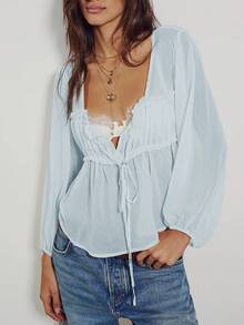 Womens Flowy Bow Front Tie Top Long Sleeve Peplum Lace Trim Chiffon Shirt Sheer V Neck Boho Ruffle Beach Blouse A-White - Màu xanh lam - Xem 1