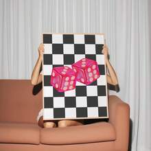 [Pink Dice Checkered Wall Art Poster] 1pc Unframed Canvas Print - Modern Art Deco Style Pink Dice Wall Art, Checkered Pattern, Indoor/Outdoor Poster For Home Office, Living Room, Bedroom, Dorm, Restaurant - Portrait Orientation