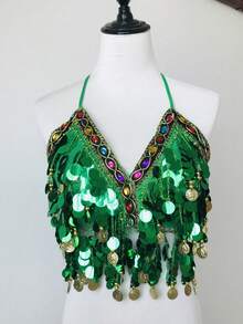 Women Glitter Sequins Circle Tassels Halter Neck Padded Belly Dance Crop Top - Multicolor - View 28