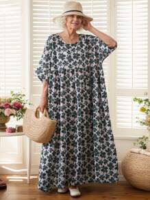 Top, Bohemian Casual Holiday Dress, Green Flower Beach Dress, Women's Elegant Everyday Dress, Summer 2025 New Short-Sleeved Crewneck Dress, Women's Plus-Size Holiday Dress, One Dress,