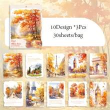 30 Sheets/Pack Self-Adhesive White Matte Finish Rectangular Disposable Office And Study Supplies, Travel Theme Paper