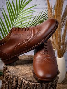Zapatos Oxford de vestir, con estilo empresarial británico para hombres, zapatos de punta redonda con cordones, formal    Casual - Café integral - Ver 1