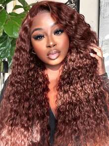 Pelucas para mujer, 13x6, color castaño rojizo, con encaje frontal, cabello humano con densidad del 200%, ondas al agua, color castaño rojizo, 13x6 - S33 - Ver 8