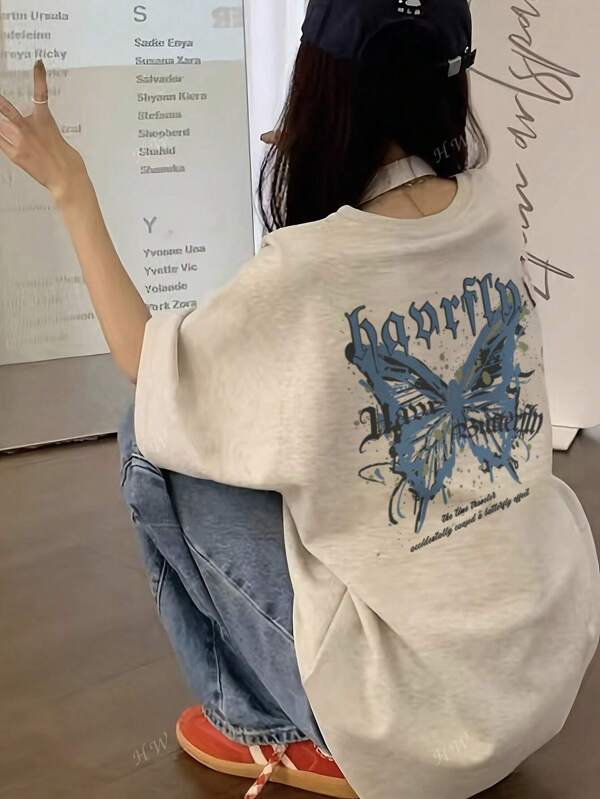 夏季新款休闲圆领蝴蝶印花短袖女T恤，美式简约图案，宽松版型
