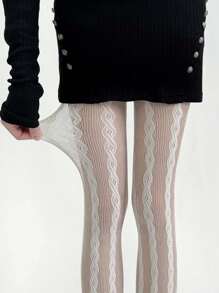 1 pieza Medias de mujer con tejido de punto de cable, de malla fina con estampado de rayas verticales de encaje calado, transpirable, transparente, de estilo gótico oscuro, sexy, de ajuste ceñido
