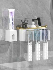 Gold-Plated Toothbrush Holder Toothpaste Holder Mouthwash Cup Wall-Mounted Toothbrush Cup Household Toothbrush Holder Toothpaste Squeezer Bathroom Decor Summer - family of two - View 6