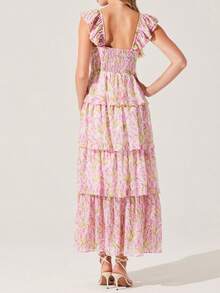 Women Summer Fly Sleeve Floral Tiered Ruffle Long Dress High Split Layered Maxi Dress For Women Beach Sundress - Hồng - Xem 3