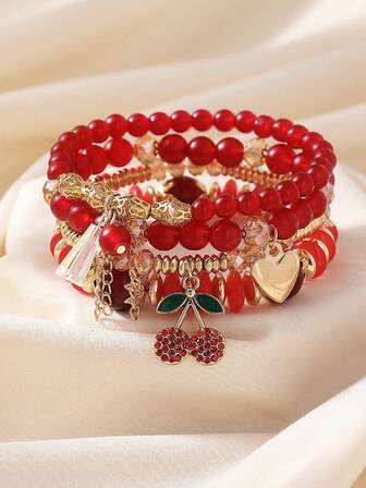 4pcs Bohemian Style Cute Glass Beads Cherry Tassel Pendant Stacked Bracelets Set, Suitable For Women's Everyday Beach Holiday Casual Wear, Mother's Day Gift