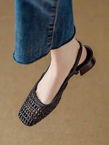 Giày sandal đế vuông kiểu Pháp hở mũi dày dệt rỗng, mũi kín, giày da cổ điển chất lượng, mới cho mùa hè 2025 - màu đen - Xem 4