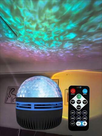 1 stuk watergolfprojectielamp, decoratieve LED-lamp voor kamer, sfeerlamp voor slaapkamer, nachtlampje voor slaapkamer, watergolfprojector, ruimteprojectiedecoratie, romantische sfeer, vakantiecadeau, feestverlichting, veelkleurig patroon, met afstandsbediening, geschikt voor thuis, slaapkamer, woonkamer, feest