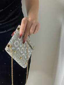 Sparkling, Glittering, Luxurious Diamond Decorated Evening Clutch Bag, Suitable For Balls, Phones, Wallets, Business Casual, Commuting, Outdoor, Venues, Holidays, For Women, Office Ladies, Diamond Bag, Pearl Bag, Suitable For Party Girls, Women, Brides, Perfect For Parties, Weddings, Balls, Galas/Banquets - Silver - View 8