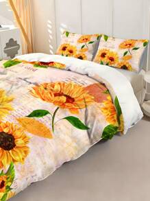 Conjunto de capa de edredom com estampa floral de girassol vintage, 2/3 peças, capa de edredom queen size, com 1 capa de edredom e 1 a 2 fronhas, colcha king size, lençol, poliéster macio e agradável à pele, lavável à máquina e a seco. Adequado para decoração de casa e quarto, disponível em diversos tamanhos, como solteiro e casal. É um ótimo presente de aniversário.